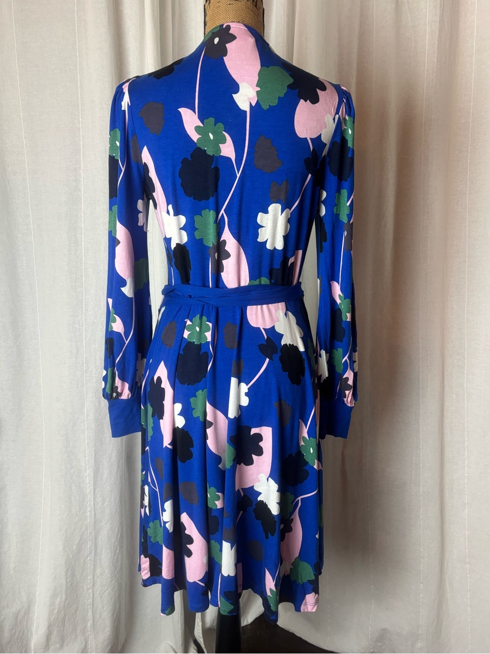Boden Long Sleeve Floral Wrap Midi Dress Size 10R Blue Pink White Business - Picture 3 of 7